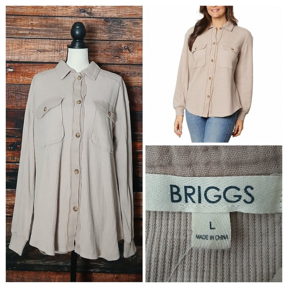 NWT Briggs Top Size L Tan Waffle Knit Button Front Shirt Relaxed Fit
